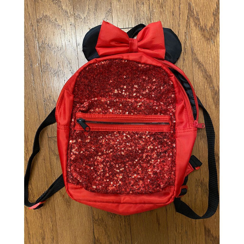 Disney Collection Red Black Sequined Minnie Mouse Mickey Ears Backpack EUC